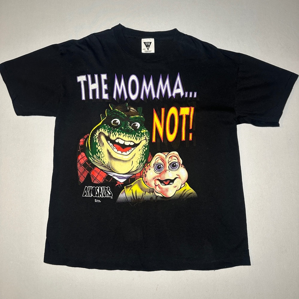 VTG 90 Dinosaurs Shirt Large Not The Momma Baby Sinclair Black Single Stitch SSI